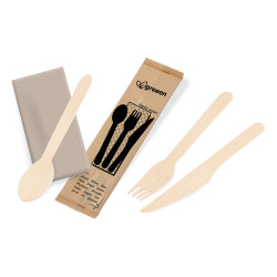 Príborová sada (drevo FSC 100%) nôž-vidlička-lyžica+obrúsok [50 sád]