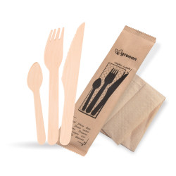 Príborová sada (drevo FSC 100%) nôž+vidlička+lyžička+obrúsok [50 sád]