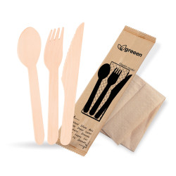 Príborová sada (drevo FSC 100%) nôž-vidlička-lyžica+obrúsok [50 sád]